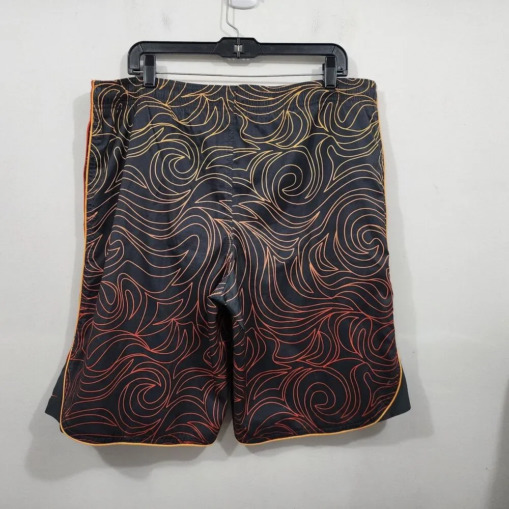 Vintage NIKE Board Shorts Swim Trunks Mens XL Black Orange Flame AOP Drawstring